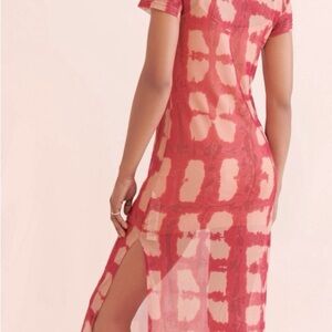 Sheer Two Layer Red and Tan Midi Dress By Anthropologie